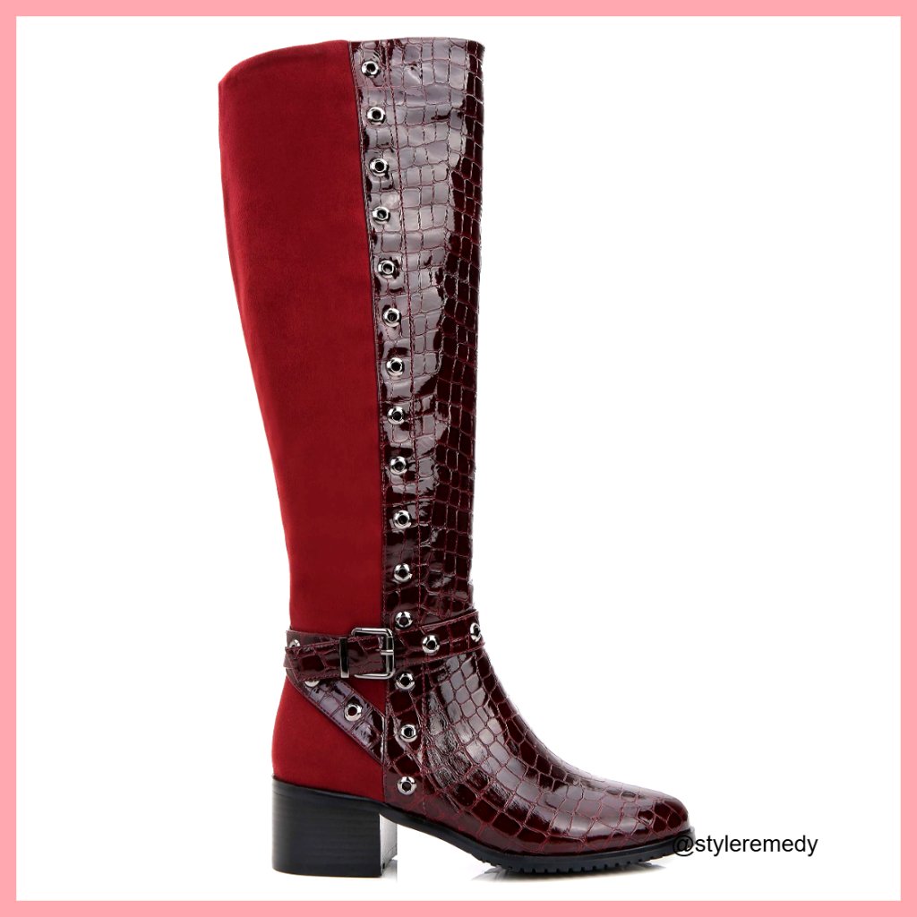Knee-High Boots With Crocodile Print Front And Perforated Trim